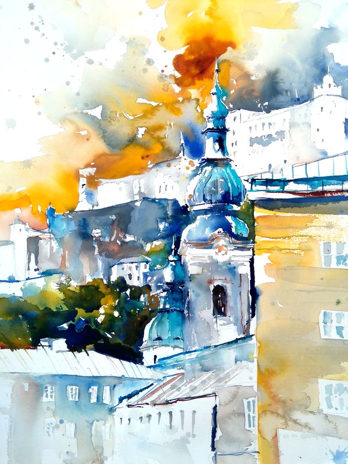 salzburg watercolour aquarell old city modern art